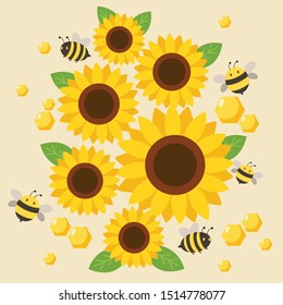 The character of cute bee flying around the sunflower on the yellow background with hexagon shape in flat vector style.