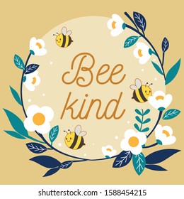 The character of cute bee flying with flower ring in flat vector style. Illustration about background,content , banner, sticker label and greeting card.