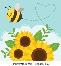The character of cute bee flying on the sky with sunflower and shape of line look like heart in flat vector style. Illustration about bee for background, graphic,content , banner.
