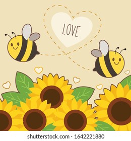 The character of cute bee flying on the sky with sunflower and shape of line look like heart in flat vector style.
