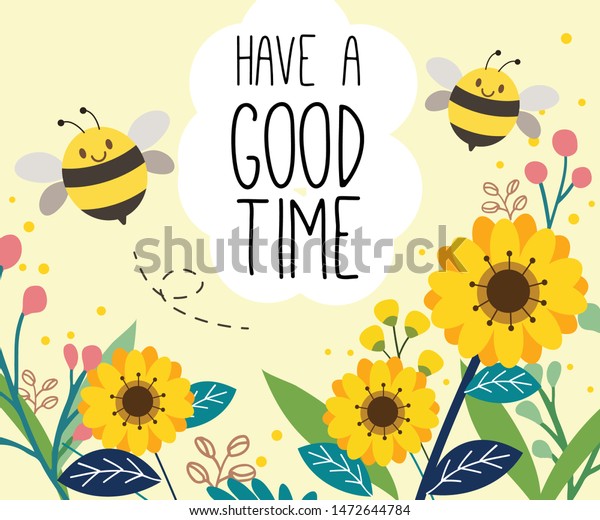 ひまわりの庭にかわいい蜂のキャラクター 黄色い背景に蜂が飛んでいます のテキストは フレームの中央で楽しい時間を過ごします ハチのかわいい 姿が平らなベクター画像 のベクター画像素材 ロイヤリティフリー