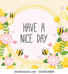 The character of cute bee with pink flower and heart with hexagon shape in flat vector style. Illustration about bee for banner , background,greeting card.