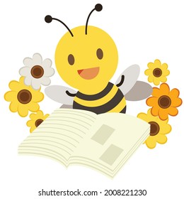 The character of cute bee reading a book in flat vector style. Illustration about education