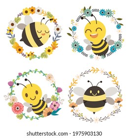 The character of cute bee sitting in to the center of flower wreath . The group of animal with flowercrown set.