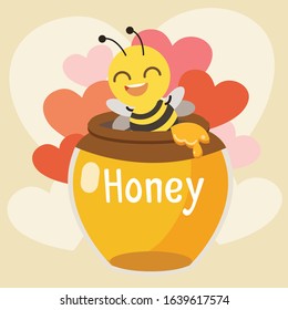 The character of cute bee sitting in the honey jar with a lot of heart in flat vector style. illustation about bee for background , banner, sticker label and greeting card.