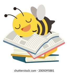 The character of cute bee sleeping on the pile of book with flat vector style. illustation about education and study.