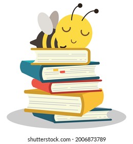 The character of cute bee sleeping on the pile of book with flat vector style. Illustration about education and study.