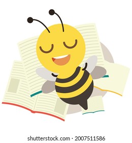 The character of cute bee sleeping on the pile of book with flat vector style. Illustration about education and study.