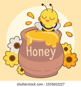 The character of cute bee sleepping in the honey jar with flower in flat vector style. Illustration about bee and honey.