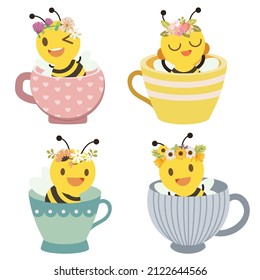 The character of cute bee wear a flower crown in cup and flat vector style. Illustration about dog and floral or flower crown.