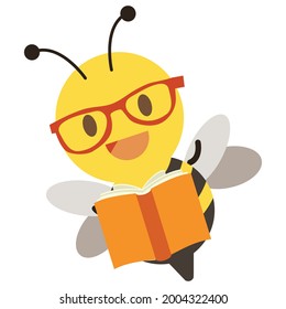 The character of cute bee wear glasses and holding a book in flat vector style. illustation about education