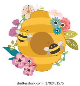 The character of cute black bee and yellow bee with beehive and flower in flat vector style. illustation of bee for graphic, greeting card,content, etc.