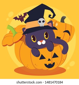 The character of cute black cat wear a big wicth hat have skull and sitting big pumpkin behind have the small bat. illustation in flat vector style.