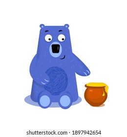 The character of cute blue bear with honey jar.  Isolated on white background.
