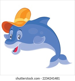 character, cute blue dolphin in yellow hat, cartoon illustration, isolated object on white background, vector, eps