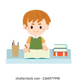 The character of cute boy doing the homework in flat vector style. Illustration about education for graphic , content , banner.