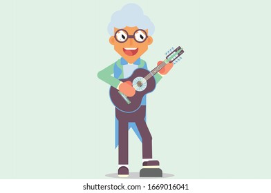 Un personaje de un chico lindo tocando una guitarra, temas felices. Simple ilustración vectorial de caracteres, esta ilustración también puede utilizarse como pegatina.
