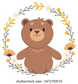 The character of cute brown bear standing in to the center of the flower wreath in flat vector style. .The spring floral.