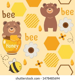 The character of cute brown teddy bear is smiling and sitting in the honey jar with flower and hexagon in flat vector. Illustration for background, graphic ,banner, sticker 