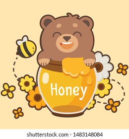 The character of cute brown teddy bear is smiling and sitting in the honey jar in flat vector style. Illustration about honey
for graphic,content , banner, sticker label and greeting card.