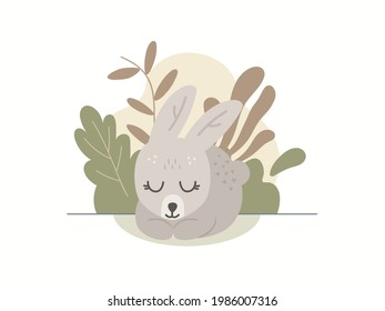 The character of cute bunny sleepping on the lawn. Print for baby posters, cards, clothes. Vector cartoon illustration.