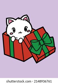 The character of cute ca in the big paper box in flat vector style. Illustration for banner, sticker label and greeting card.