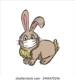 Character of a cute cartoon rabbit sitting on four legs, wearing a protective face mask. Easter bunny clipart. Holiday concept during coronavirus quarantine