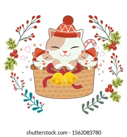 The character of cute cat and baby cat sitting in the basket and christmas theme in flat vector style. Illustration about cat with winter and christmas theme.