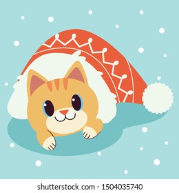 The character of cute cat in big red hat on the blue ground and white snow in flat vector style. Illustration
for background, graphic,content , banner and greeting card.