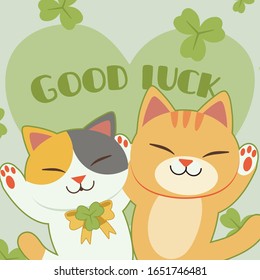 The character of cute cat with clover leaf and big green heart in flat vector style. Illustration for banner, sticker label and greeting card