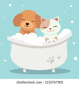 The character of cute cat and dog in the tube with flat vector style. Illustration about dog grooming for content, graphic, greeting card, baby shower. 