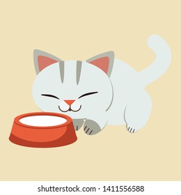 The character cute cat drinking milk on the floor. it looks yummy.