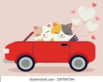 The character of cute cat driving a car with heart balloon in flat vector style. Illustration about love and valentin's day.