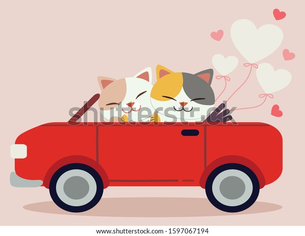 The character of cute cat driving a car with heart\
balloon in flat vector style. Illustration about love and\
valentin\'s day.