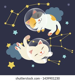 The character of cute cat float in space with group of stars  in flat vector style.The Ursa Major. Illustration for background, graphic,content , banner, sticker label and greeting card.