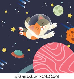 The character of cute cat float in space with star in flat vector style.Illustration about galaxy
for background, graphic,content , banner, sticker label and greeting card. 