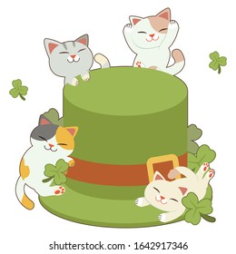 The character of cute cat and friends with the big green top hat and clover leaves in flat vector style. Illustration  for sticker label and greeting card.