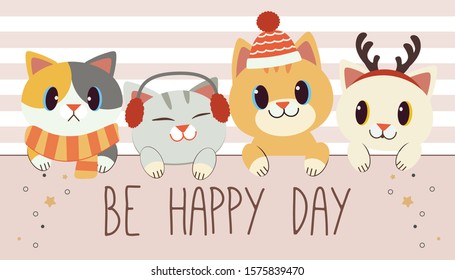 The character of cute cat and friends gaps a label and text of be happy day 
 in flat vector style. Illustration about winter and christmas theme.