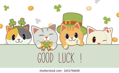 The character of cute cat and friends  garps the label text of good luck with st. patrick'sday theme in flat vector style. illustation for banner, sticker label and greeting card.