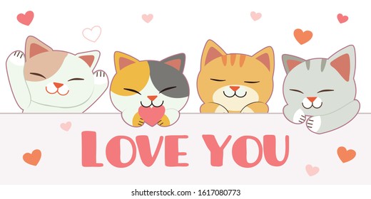 The character of cute cat with friends and label and hear in flat vector style. Illustration about love and valentin's day.