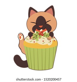 The character of cute cat garp a big cupcake in flat vector style.