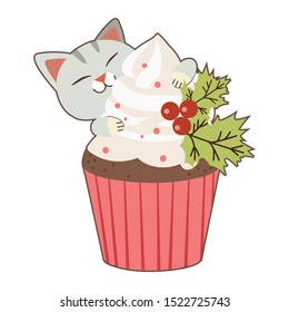 The character of cute cat garp a big cupcake in christmas theme in flat vector style.