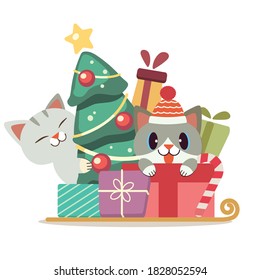 The character of cute cat in the gift box and christmas tree in flat vector style. illustation for birthday, christmas , valentine's day.