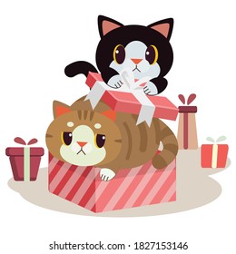 The character of cute cat in the giftbox with flat vector style. illustation for birthday,valentines day , holiday.