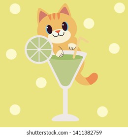 The character of cute cat grasp a transparent cocktail glass with green lime in flat vector style