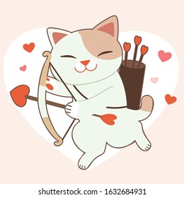 The character of cute cat with heart arrow on the big heart in flat vector style.Illustration about love and valentin's day for background,content , banner, sticker label and greeting card.