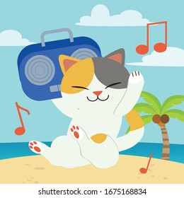 The character of cute cat holding a radio on the beach in flat vector style. illustation about pet and summer.