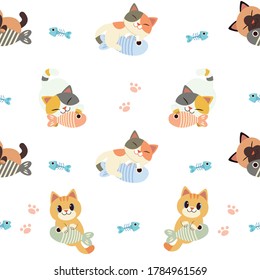 The character of cute cat hugging a fish and footsteps in flat vector style. illustator for background, banner, greeting card.
