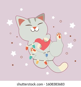 The character of cute cat hugging a heart with light bulb in flat vector style.