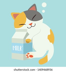 The character cute cat hugging a milkbox in flat vector style.